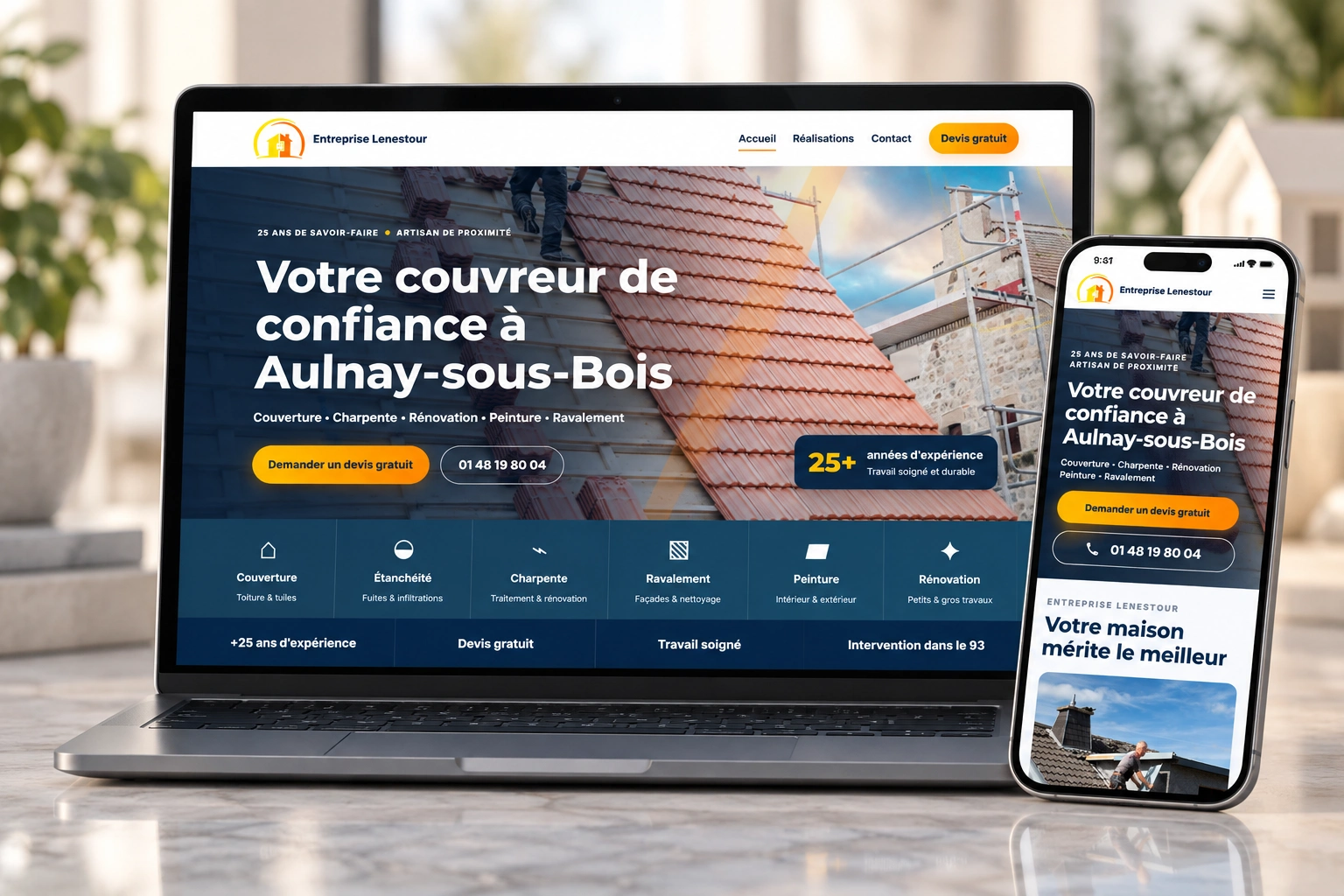 Présentation responsive du véritable site Entreprise Lenestour sur ordinateur et smartphone